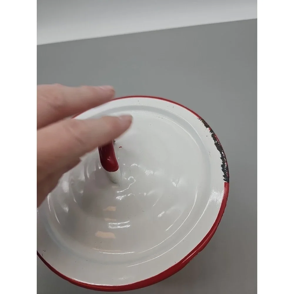 Collectible Vintage Enamelware Saucepan Pot White with Red‎ Trim Handle Lid